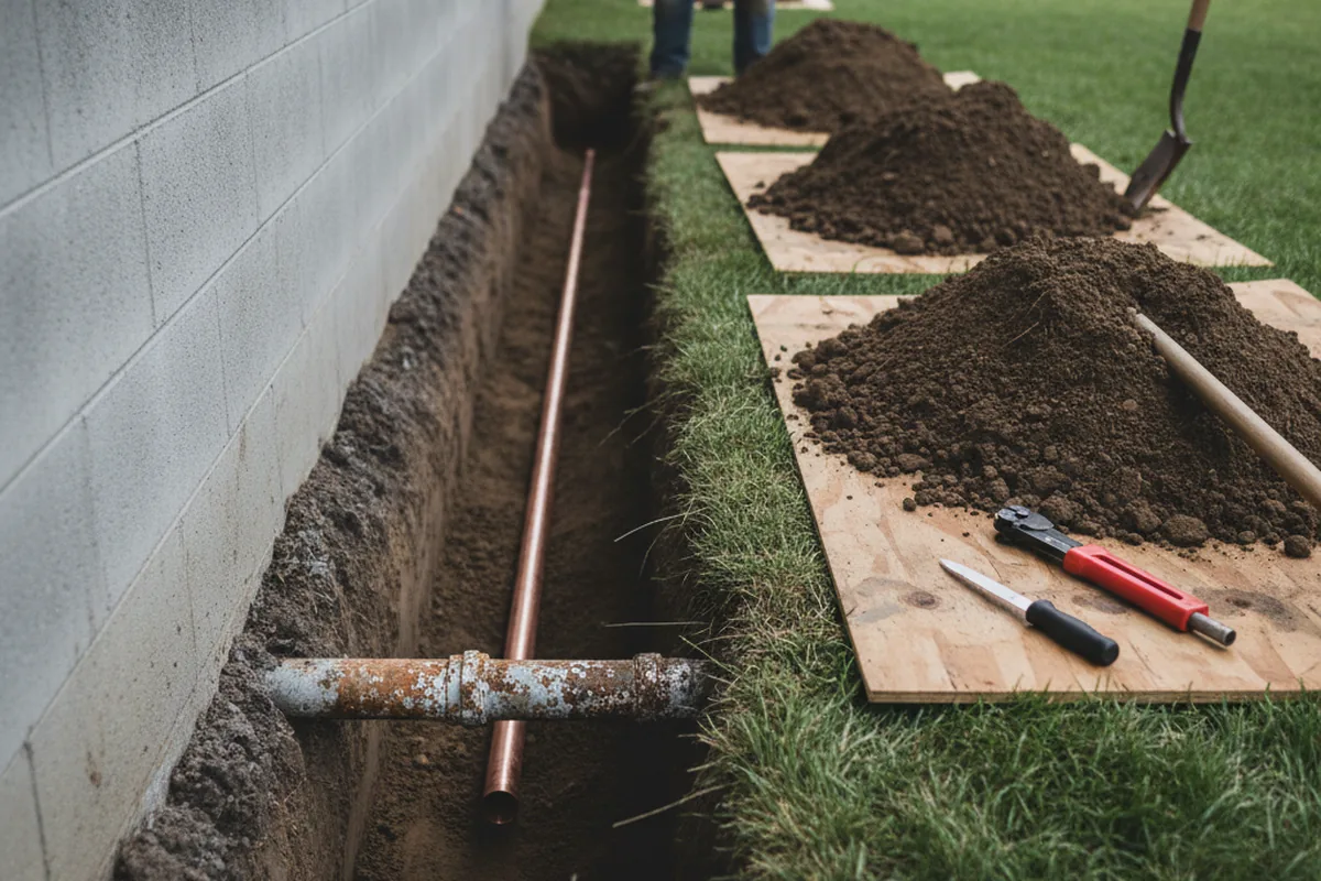 Excavated water line trench during Water Softener Installation in Southmayd
